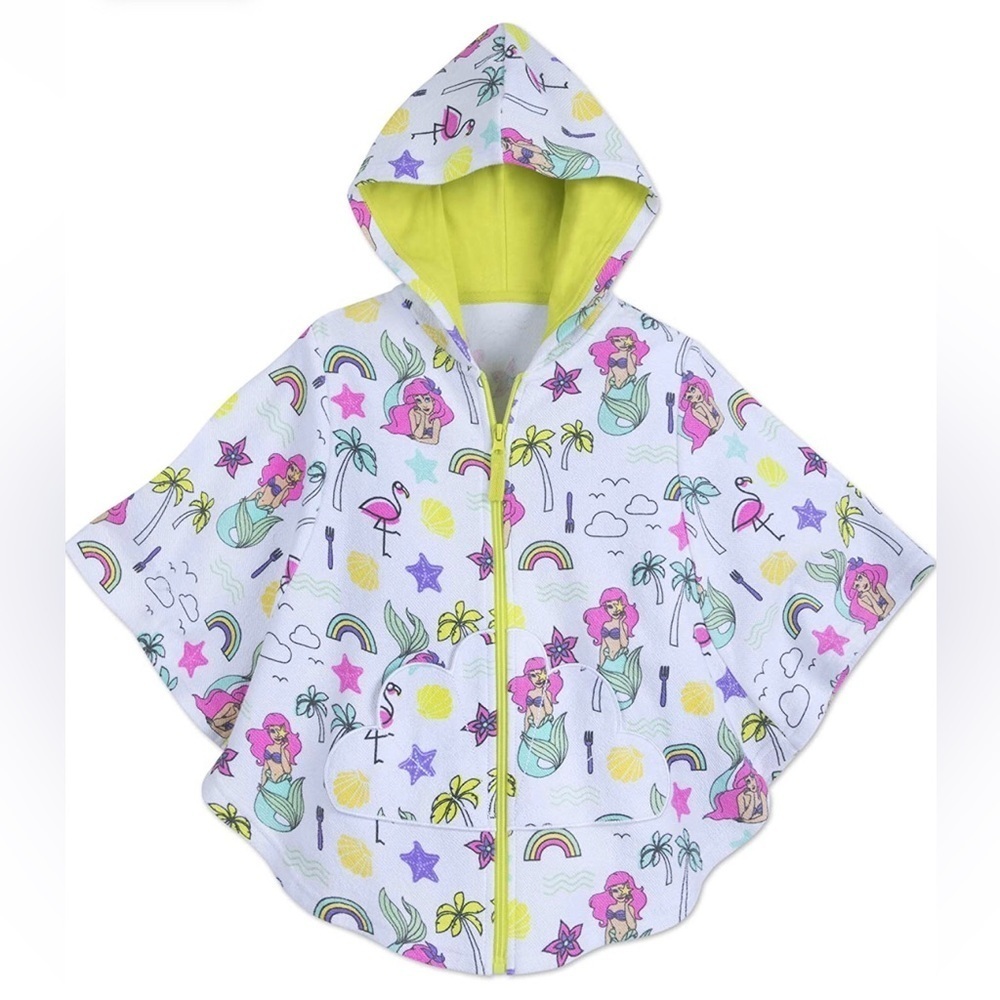 DISNEY Hooded Swim Poncho Cape Coverup Little Mermaid Princess Ariel Zippered 3T